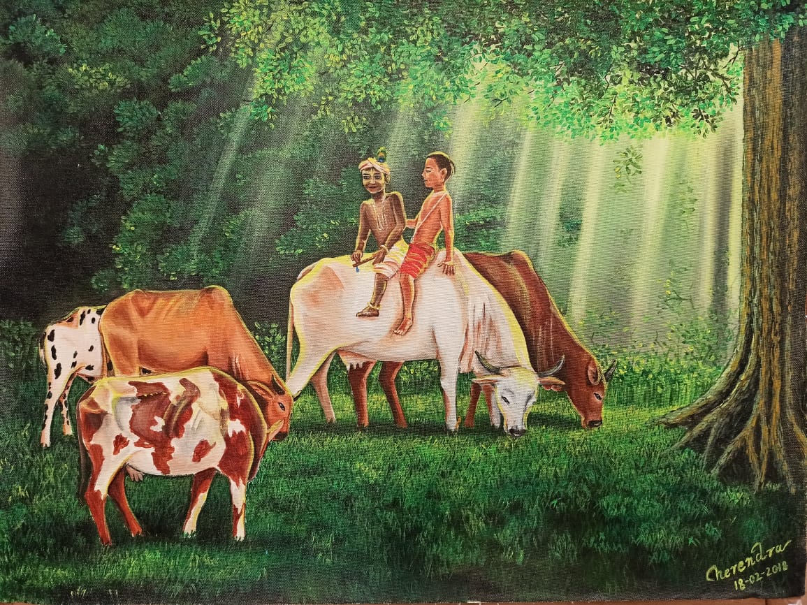 Original Krishna Painting: Mera Yaar Sudama (My Friend Sudama)
