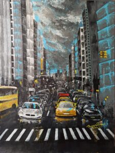 Title: The Crossing, Artist: Herendra Swarup, Size: 24″ x 18″, Medium: Acrylic on Canvas, Frame Type: Unframed, Technique: Palette Knife, Theme: Urban Life, Rainy Morning, Traffic, Reflections