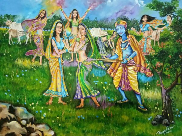 Original Painting - Radha Krishna playing Holi in Vrindavan