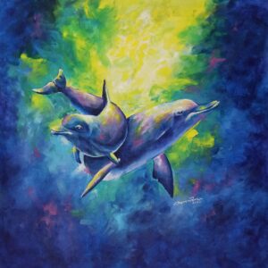 Dolphin Painting Vastu Feng Shui | Prosperity Wall Art Size: 27 X 31 Inches, Medium: Acrylic on Canvas, Style: Landscape, Frame Type: Unframed