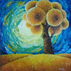 Golden Tree Acrylic Painting | Modern Textured Canvas Art Size: 27 X 31 Inches, Medium: Acrylic on Canvas, Style: Landscape, Frame Type: Unframed